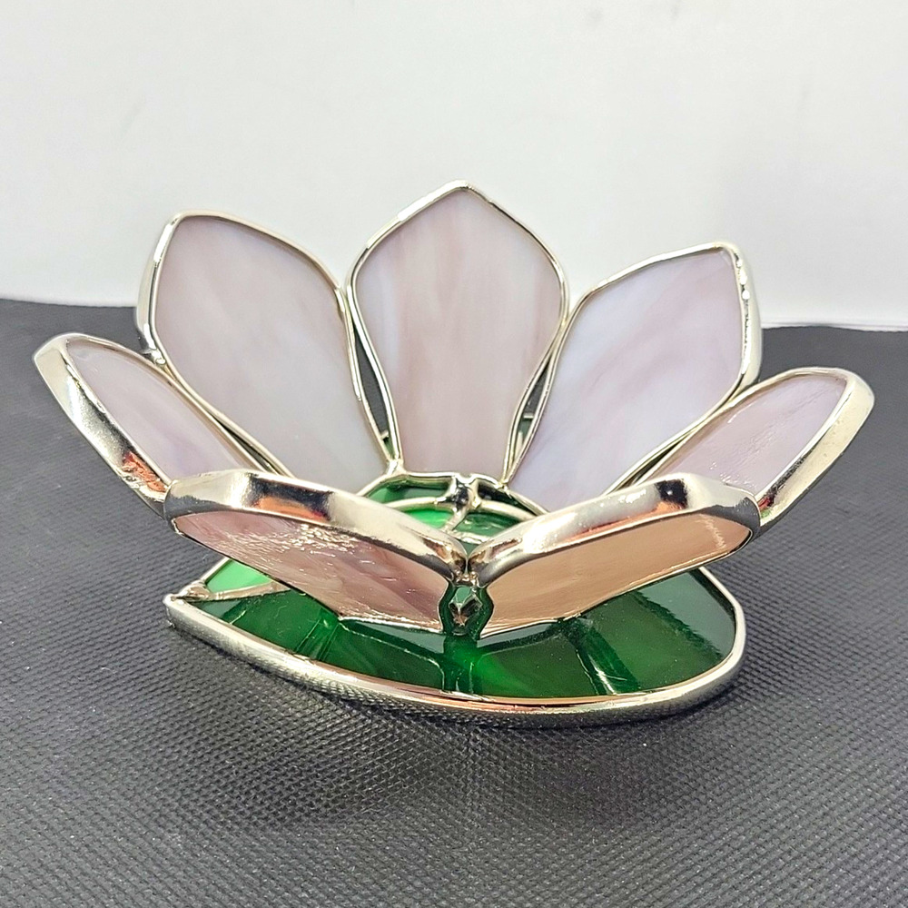 Stained Glass Flower Tea Light Candle Holder Green White Metal Base 3in
